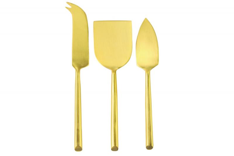 Three pieces in one matte gold cheese knife set on a white background. 