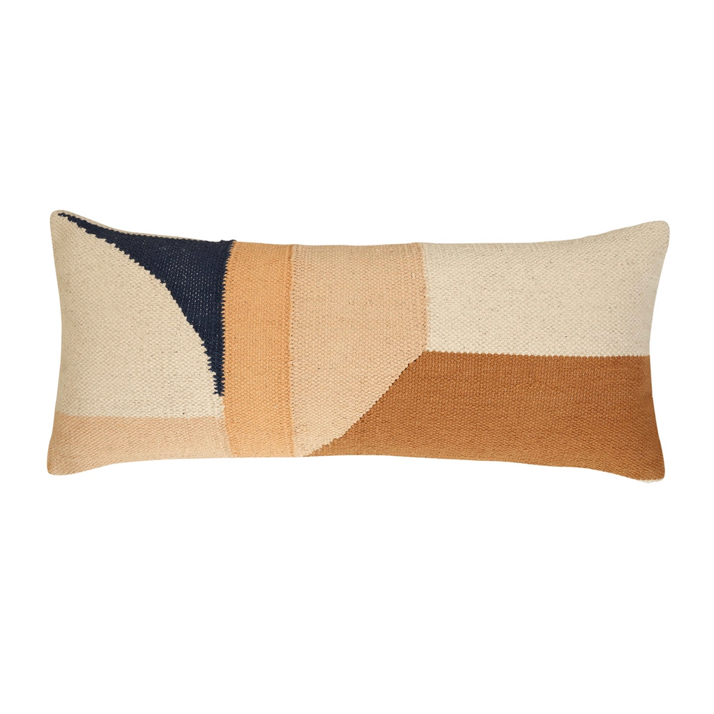 Handwoven cotton lumbar pillow with abstract geometric shape design. Navy blue, shades of tan and cream.