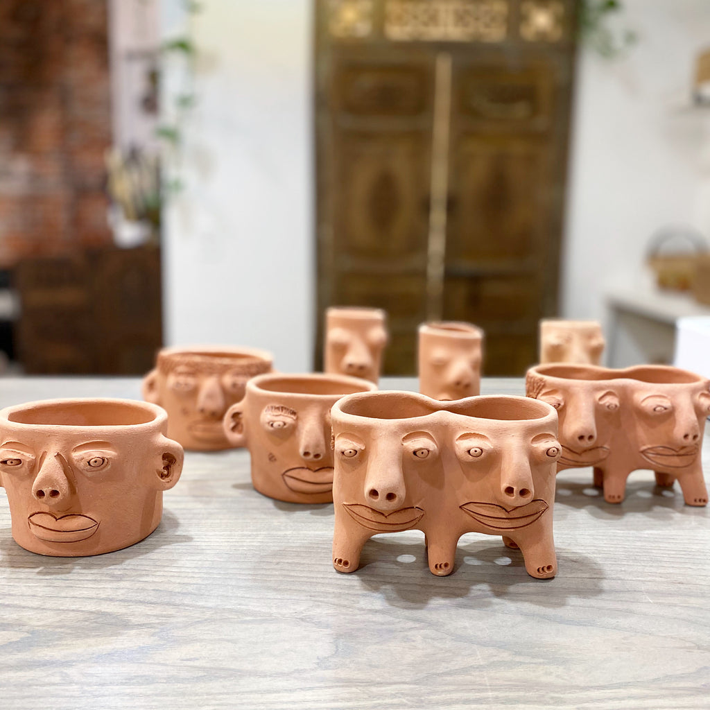 Group of quirky face clay plant pots on a gray countertop with blurry shop background.