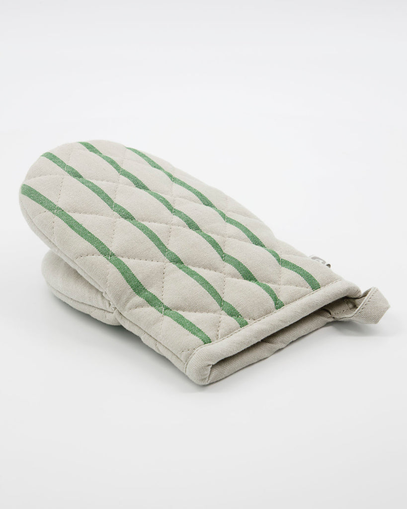 Cream oven glove with green stripes on a white background.