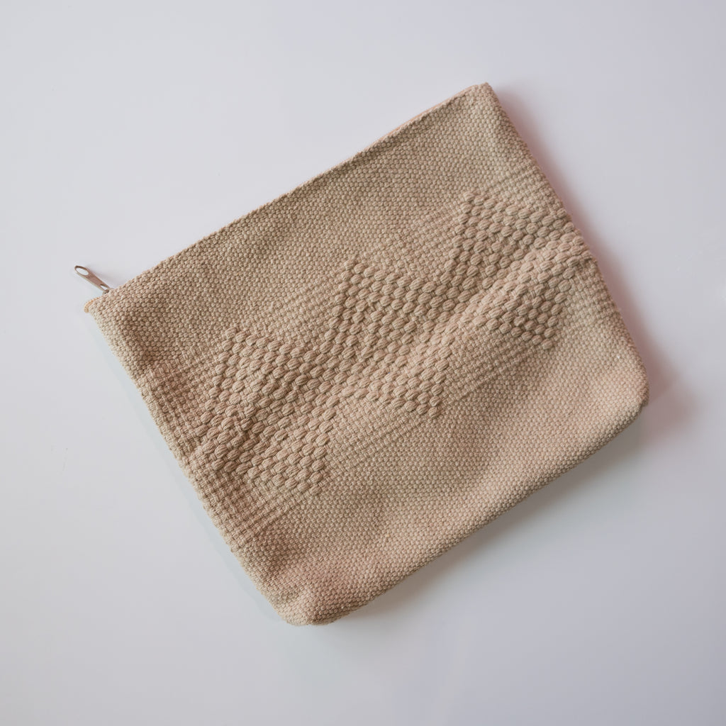 Handwoven cotton zippered pouch. Pattern is Oaxacan diamonds in solid tan color way. 