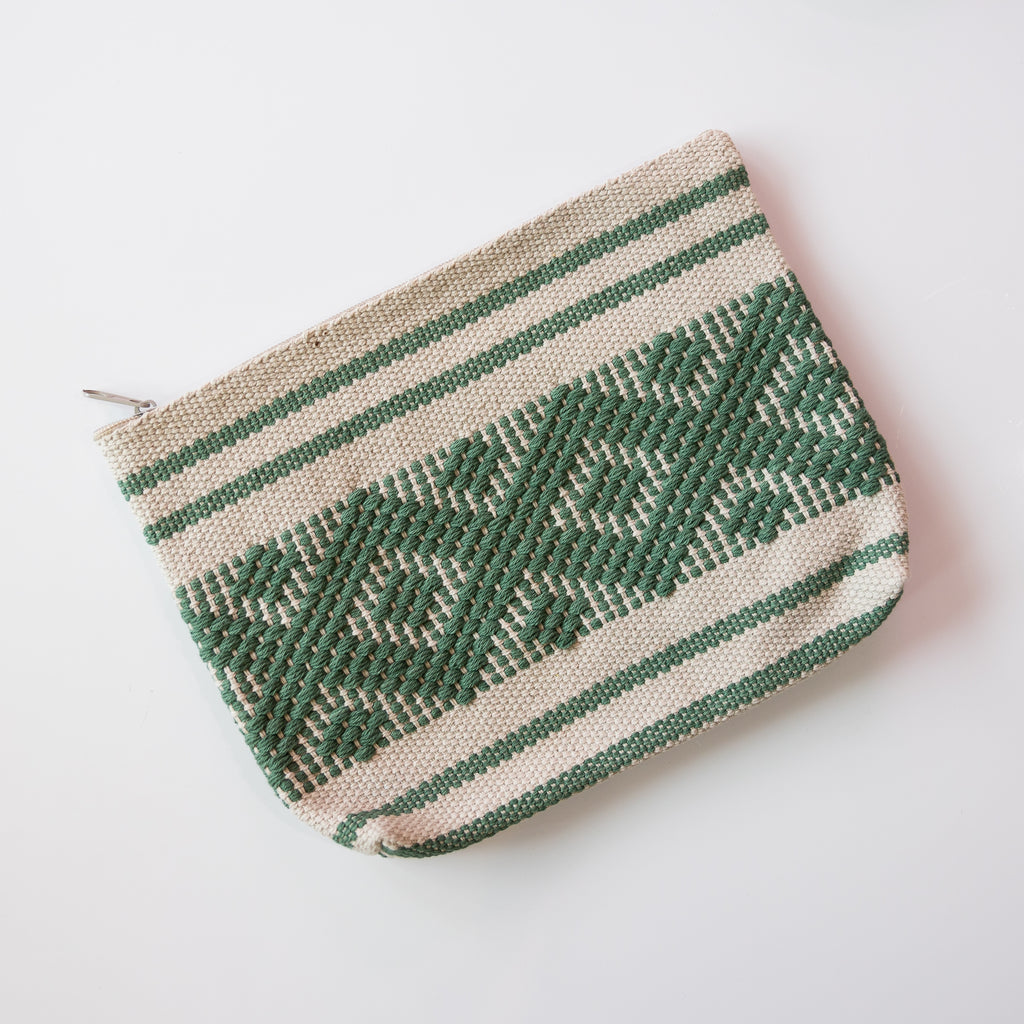 Handwoven cotton zippered pouch. Pattern is Oaxacan diamonds in cream and green color way. 