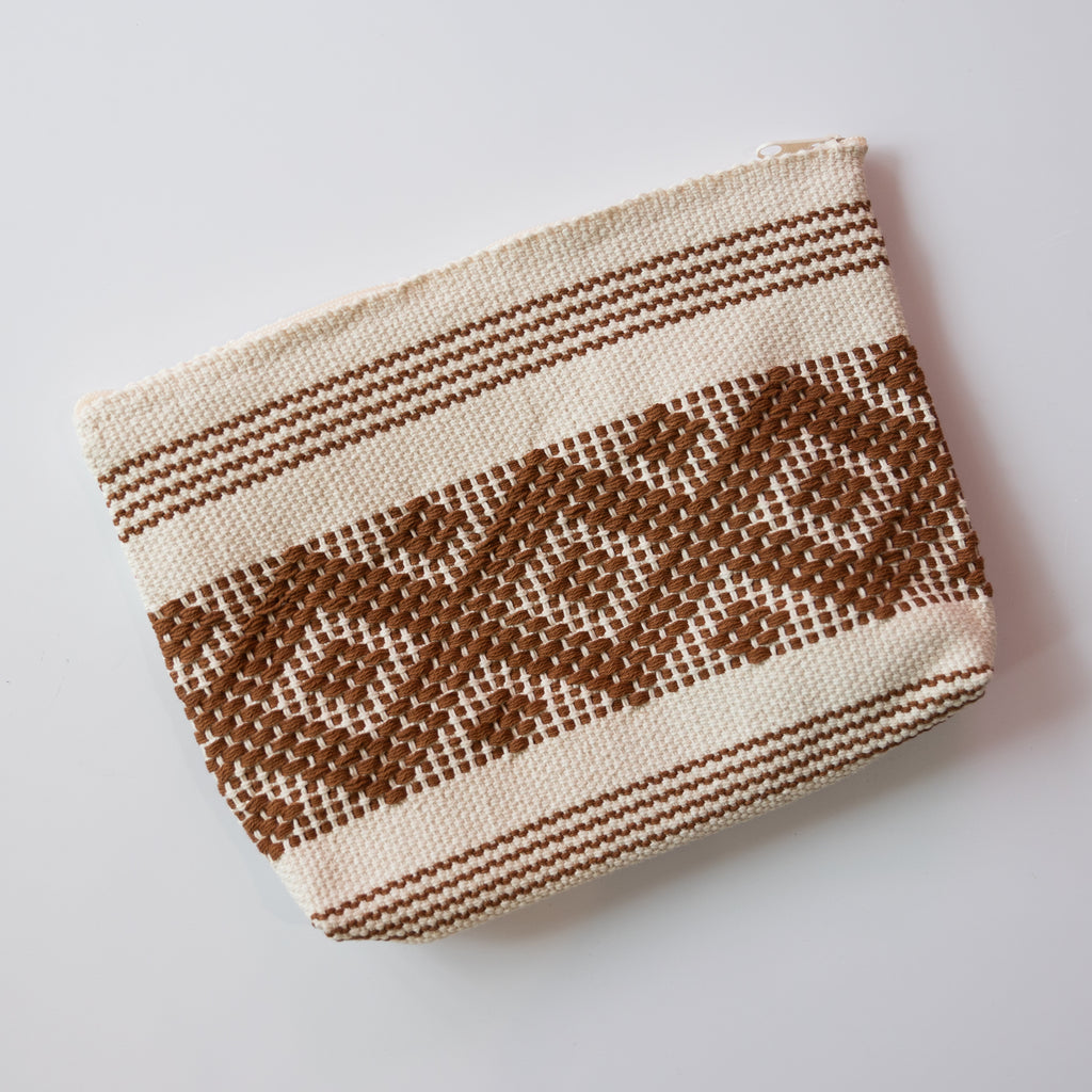 Handwoven cotton zippered pouch. Pattern is Oaxacan diamonds in cream and brown color way. 