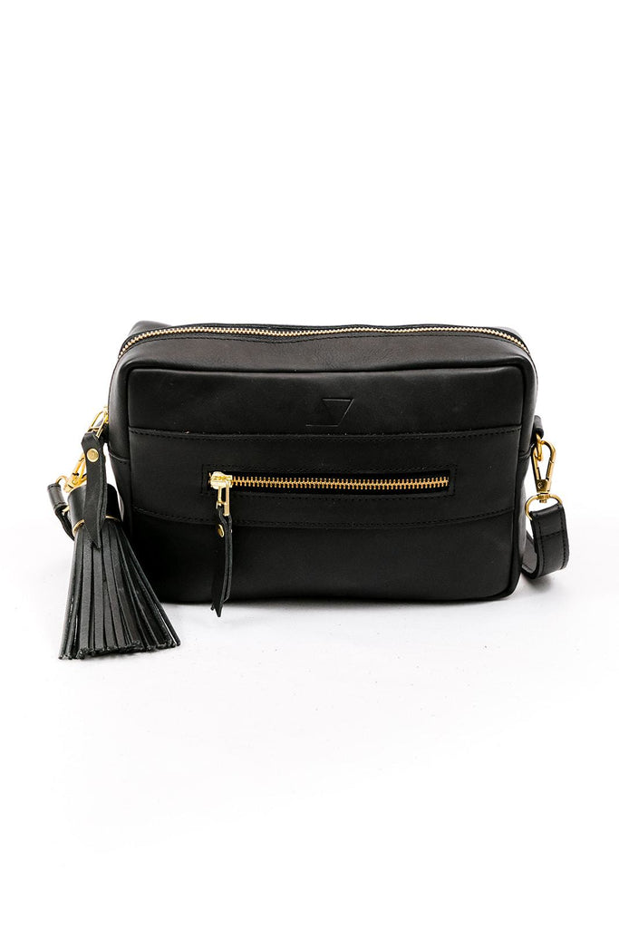 Black Leather rectangular purse with leather strap and big black leather tassel.