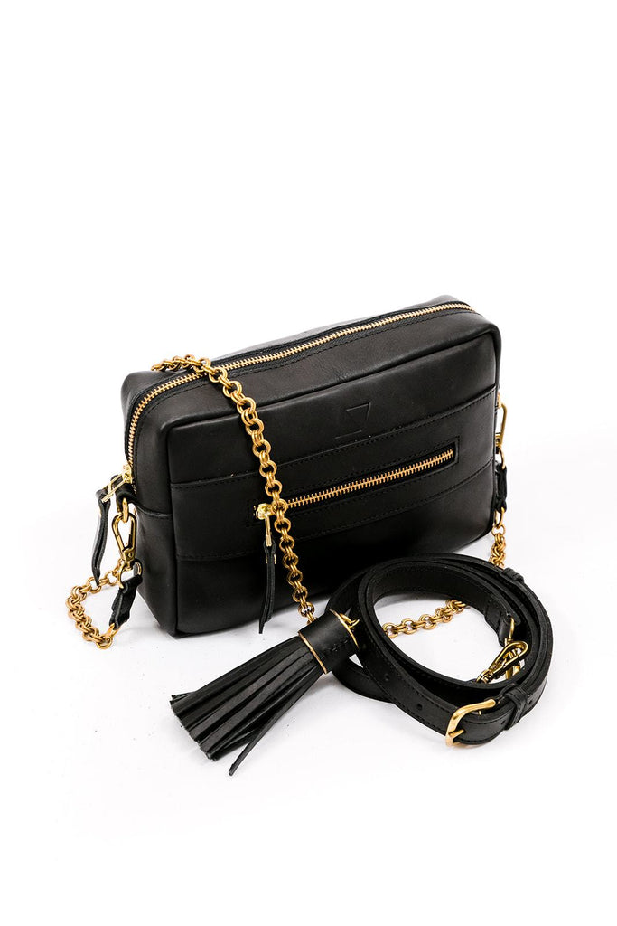Black Leather rectangular purse with two straps. One strap is leather and one is chain. Big black leather tassel included.