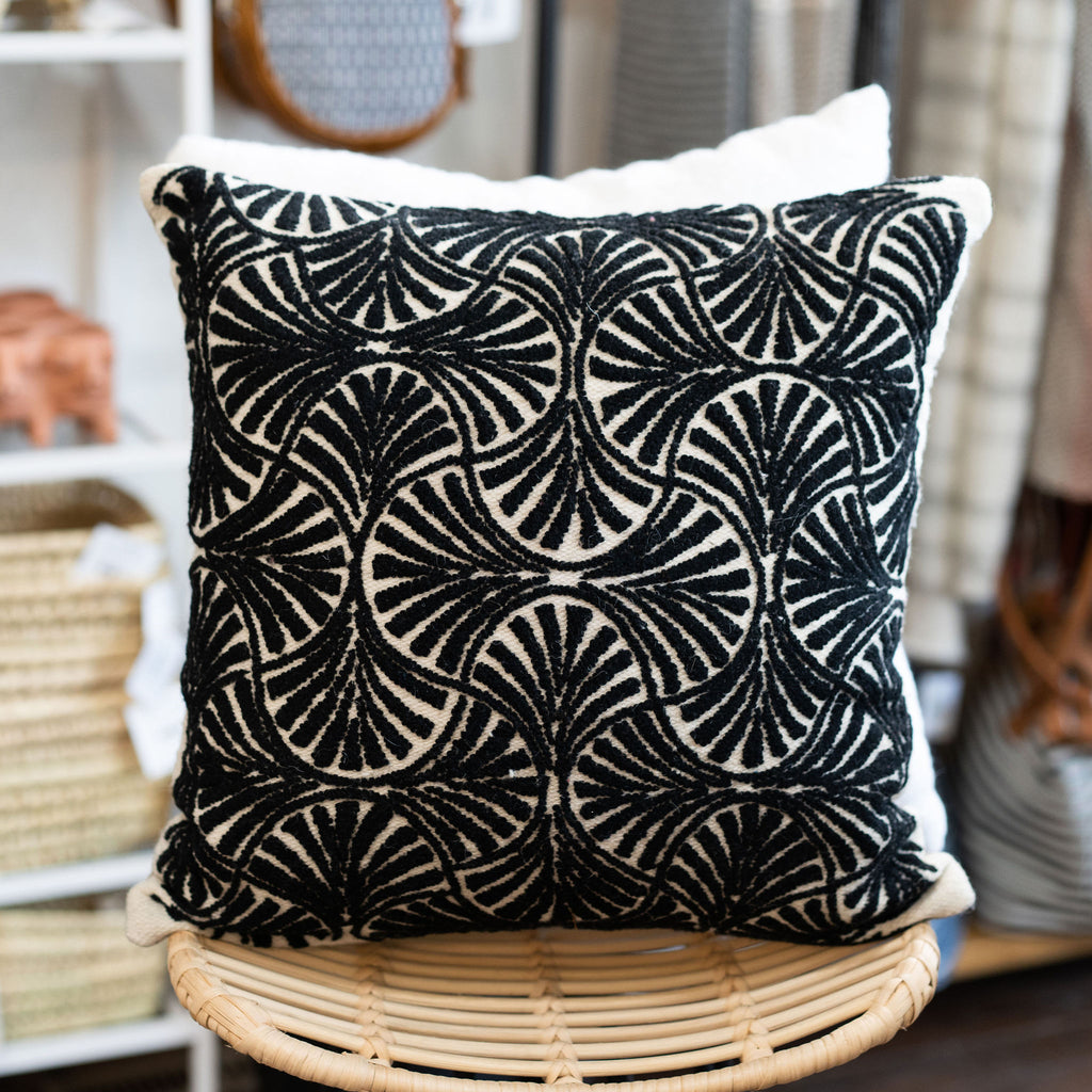 Textural art deco black fan embroidery on cream square throw pillow. 