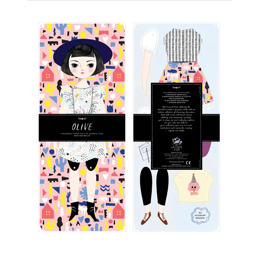 Olive paper doll kit. Features white girl with short black hair as base paper doll with whimsical chic fashion designs.