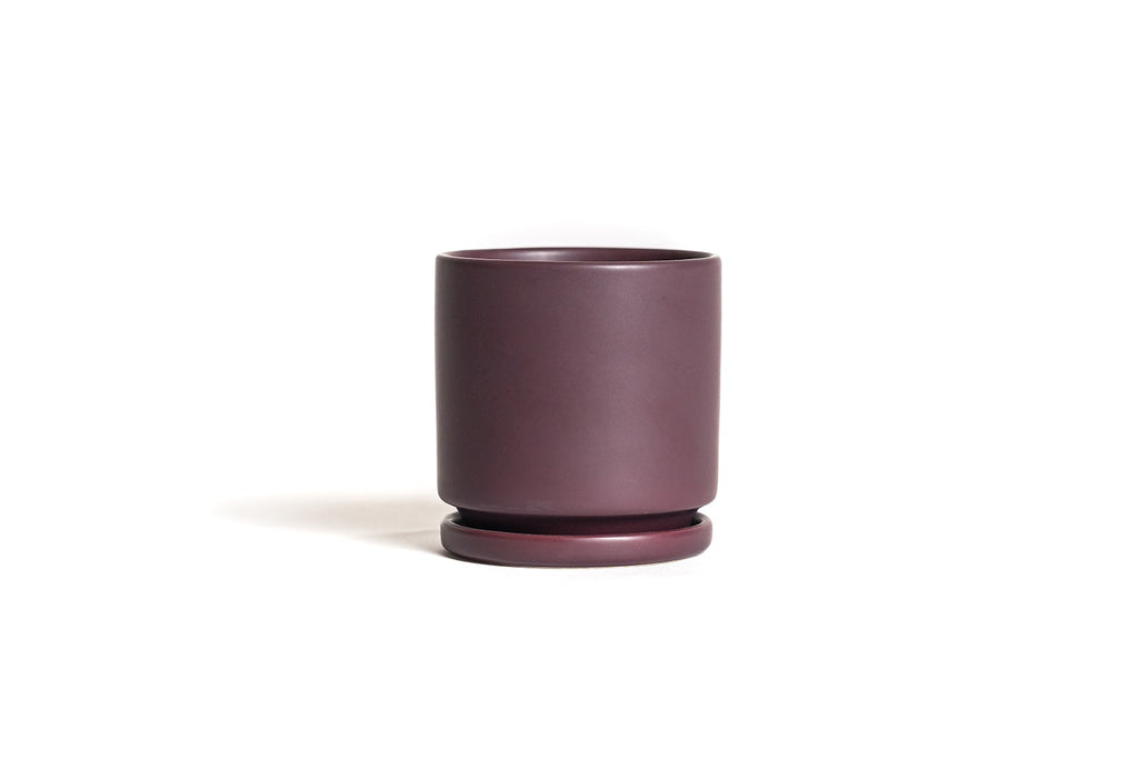 10.5" Porcelain Plant Pot and Tray in a deep Bordeaux Purple