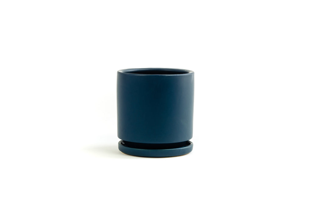 10.5" Porcelain Plant Pot and Tray in a dark Midnight Blue