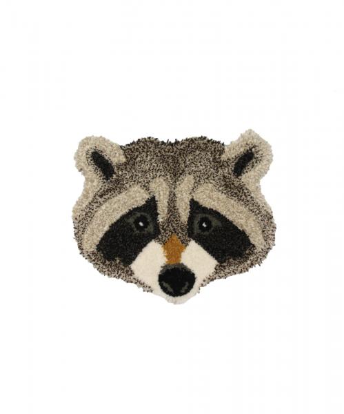 Hand-tufted wool rug shaped like a raccoon head laying flat on a white background. A beautifully crafted and detailed raccoon face.