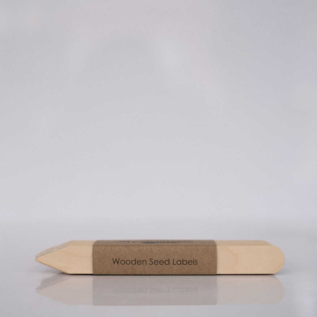 Pack of wooden seed labels wrapped in kraft paper label on a gray background.