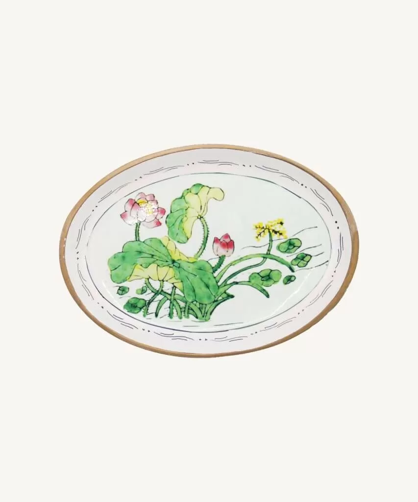 Aluminum trinket plate with a hand-painted depiction of wildflowers and leaves. Gold edge with a wispy vine repeat edge border.